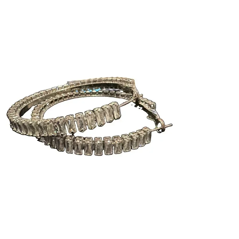 Vintage Silver Tone Baguette Rhinestone Hoop Earrings 1.75” Prong Set Statement